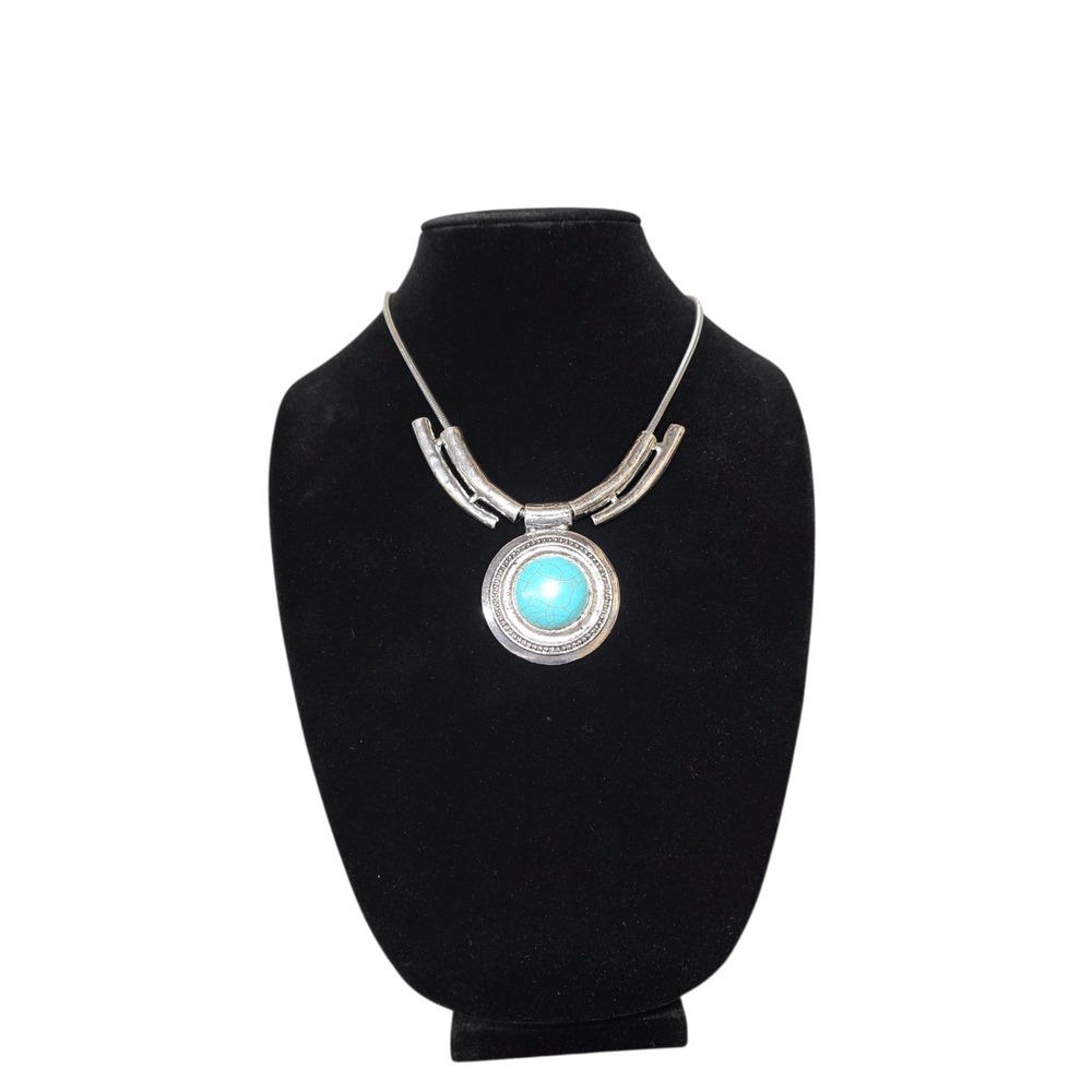 Silver Tone‎ Fashion Necklace with Turquoise Color Center Stone Jewelry